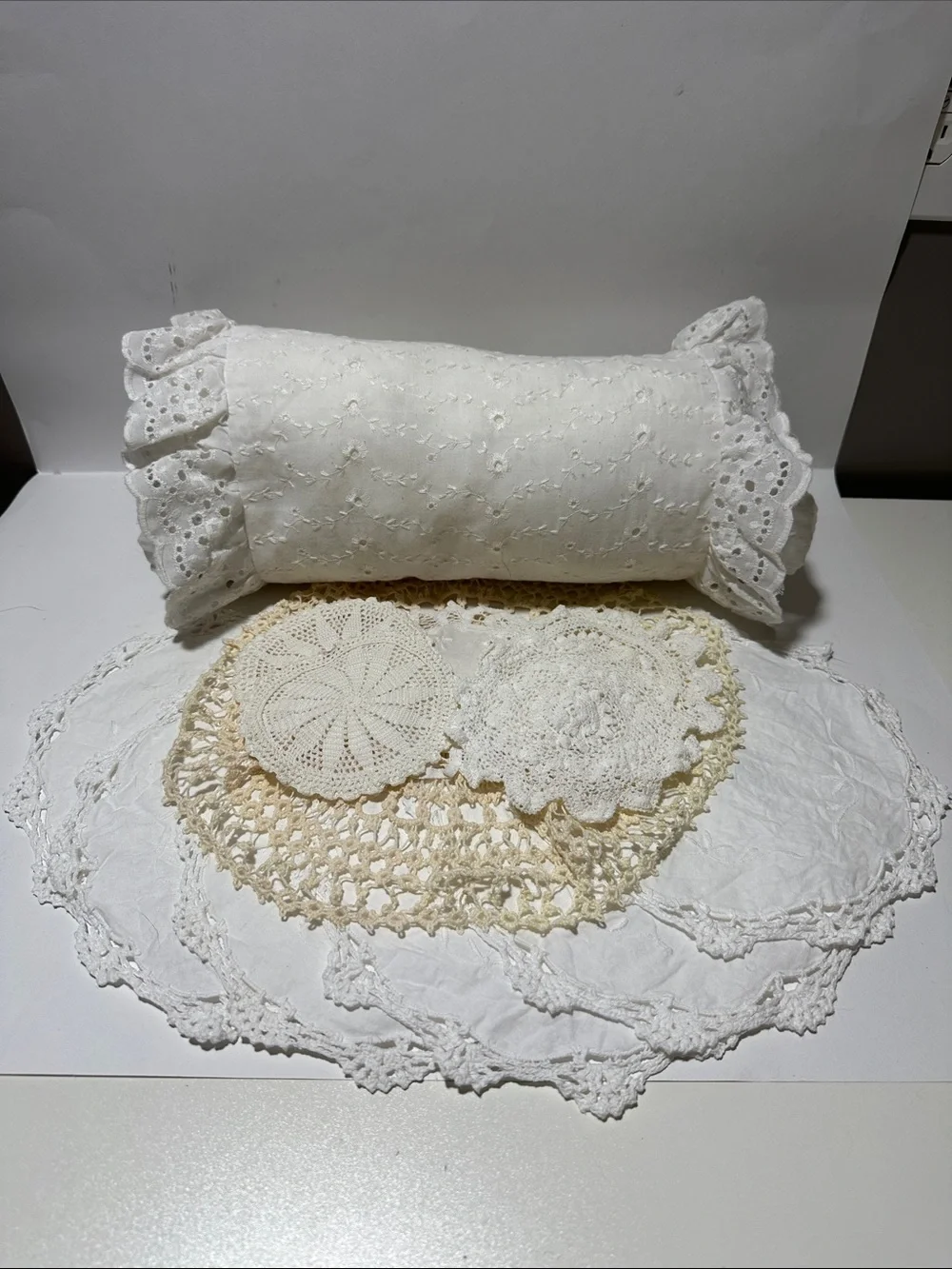Vintage Cottagecore Lace & Crochet Doily Bundle Eyelet Ruffle Bolster Pillow Set